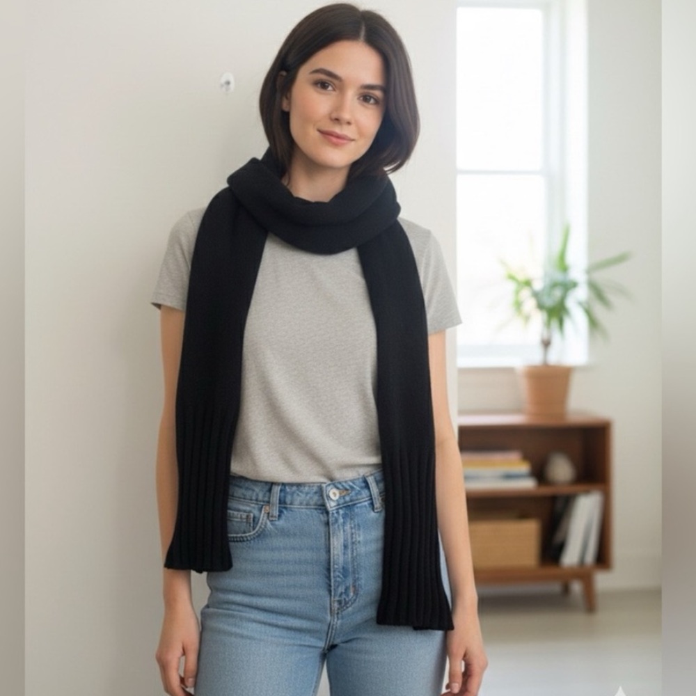 On 34th Wide-Ribbed Solid Black Knit Scarf - NWT